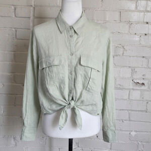 Cottagecore Green Linen Button Up Shirt┃Cropped Tie Front┃Coastal Light Academia